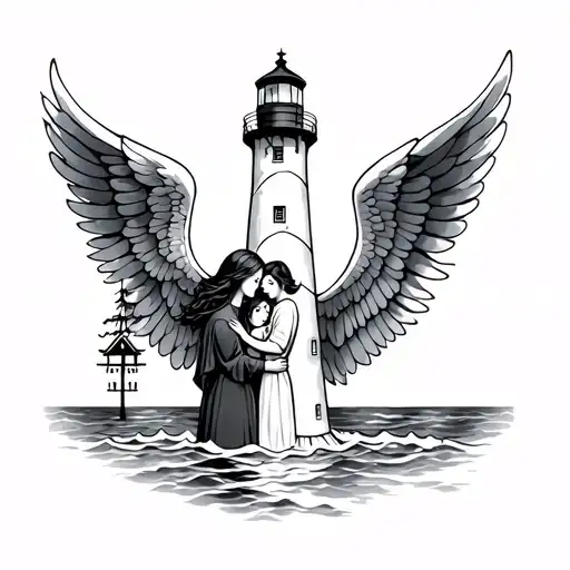 Lighthouse, mother and small girl embraced in wings tattoo design idea