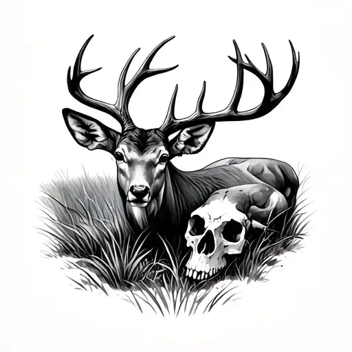 A buck in a feild.His head lowered, gently pressing his forehead to the exposed skull of a decomposing doe. tattoo design idea