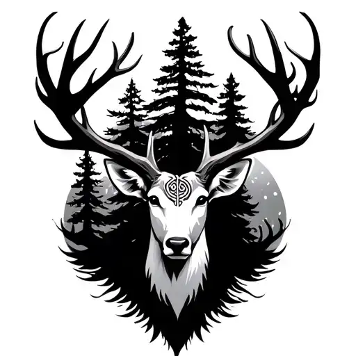 Scottish celtic deer head with trees tattoo design idea