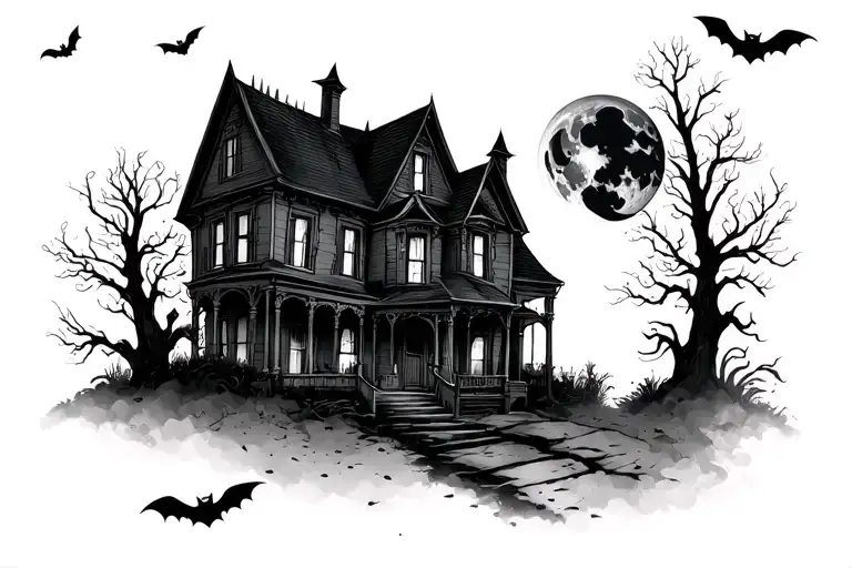 Halloween with haunted house and moon tattoo design idea