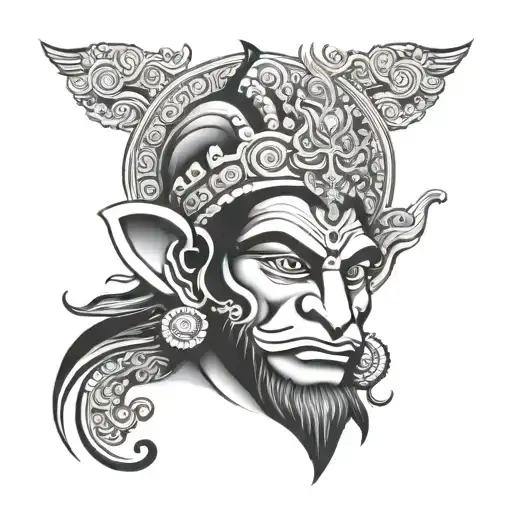 half a hanuman face with hindi text surrounding tattoo design idea