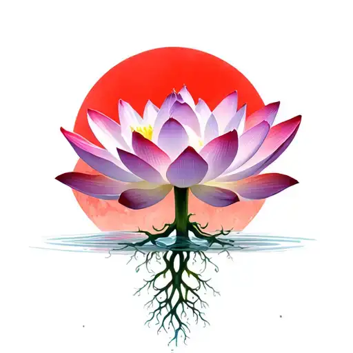 realistic lotus flower with roots beneath surface with red dawn in background. tattoo design idea