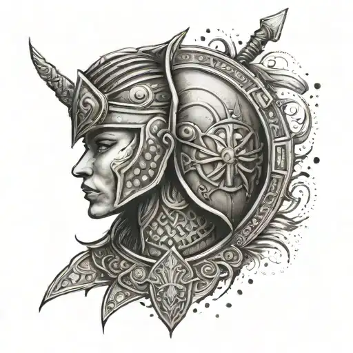 sofia warrior with sowrd and shield tattoo design idea