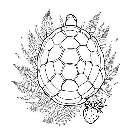 In minimalist line work style: Turtle shell at center surrounded by silver ferns.  A strawberry, and travel voyager ge tattoo design idea