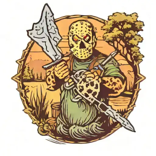 jason vorhees holding machete lake and forrest in backround  tattoo design idea