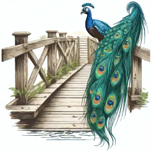 wooden bridge with peacock feather intertwined tattoo design idea