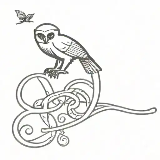 monkey with a owl flying and a centipede crawling tattoo design idea