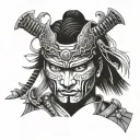 samurai with a mask half removed the mask will be smiling while his face will be sad and in tears tattoo design idea