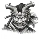samurai with a mask half removed the mask will be smiling while his face will be sad and in tears tattoo design idea
