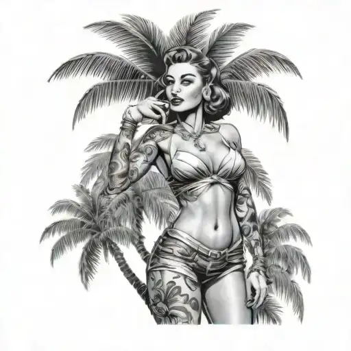 slim pin up in bikini with 2 palmtrees realisim style black and grey with tattoos on thighs tattoo design idea