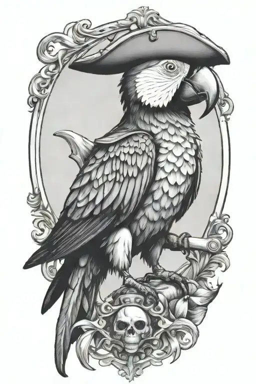 long body parrot with pirate hat tattoo design idea