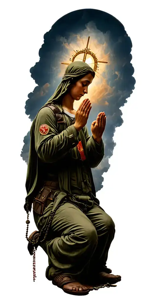 Virgin marry in the sky, soldier praying on his knees and holding a rosary in the battkefield  tattoo design idea