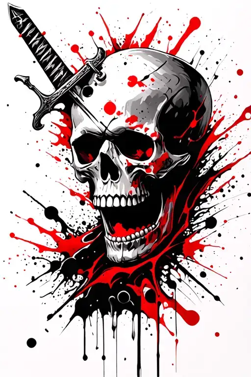 skull with a sword piercing the top and exiting the mouth tattoo design idea