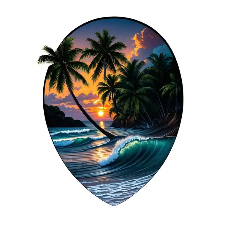 Cosra Rica sunset beach scene with waves tapering off at bottom of tattoo tattoo design idea