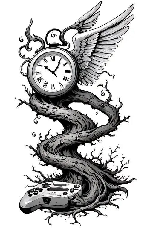 cheery tree wrapping around a clock with cut angle wings and a 360 controller tattoo design idea