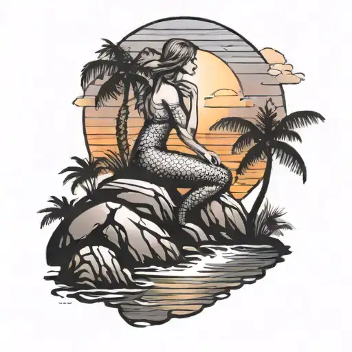 mermaid silhouette on a rock with a sunset and palm trees colors sunset tattoo design idea