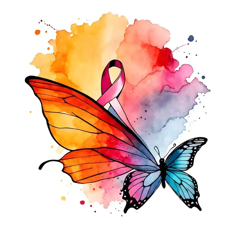 grey cancer ribbon and butterfly wings tattoo design idea