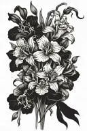 A single Iris, poppy, gladiolus, delphinium, narcissus, and carnation long stem bouquet tied together with a small bow  tattoo design idea