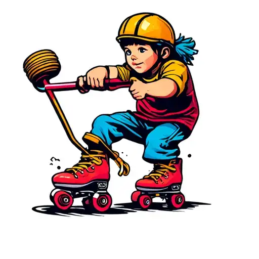 kid riding on one roller skate, pushing himself off with a plunger tattoo design idea