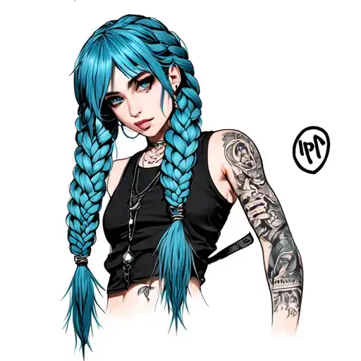 Tattoo-style illustration of a blue-haired, anime-inspired punk girl with long, neat, smooth braids (not messy), standin tattoo design idea