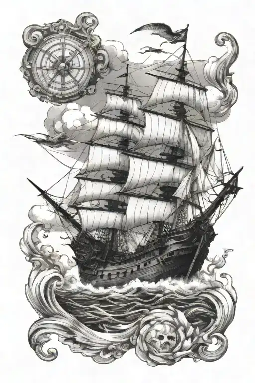 nautical half sleeve tattoo featuring galleon warship tattoo design idea