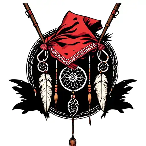red bandana around a dream catcher with fishing poles crossed behind it tattoo design idea
