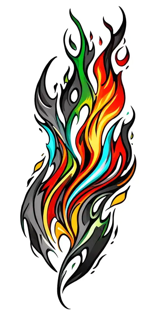 tribal patterns in long flame like structure with a few  colours from light blue,over green and yellow  to red  tattoo design idea