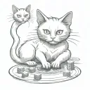Gambling sneaky white and black cat playing. tattoo with no shading just black ink. Make this cat a villain. tattoo design idea