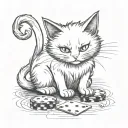 Gambling sneaky white and black cat playing. tattoo with no shading just black ink. Make this cat a villain. tattoo design idea