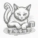Gambling sneaky white and black cat playing. tattoo with no shading just black ink. Make this cat a villain. tattoo design idea