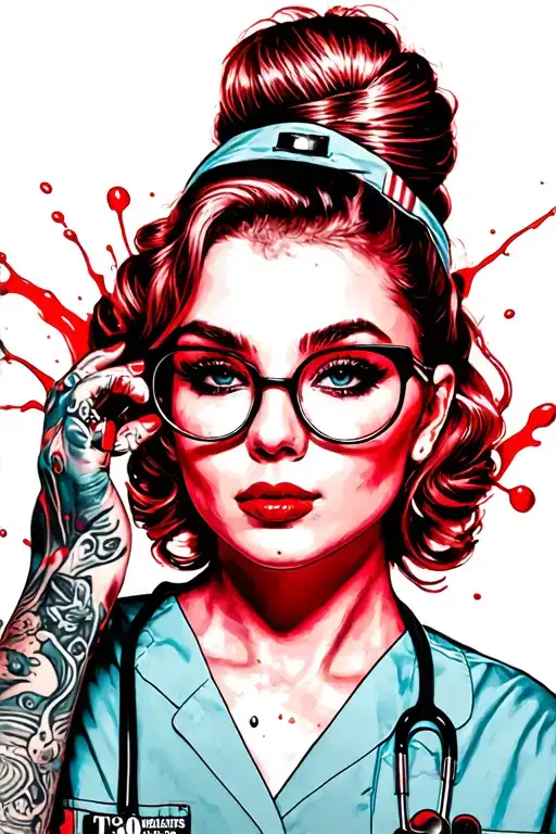 pinup, medical scrubs, messy bun, glasses, cute,id badge, nails, big boobs,side view tattoo design idea