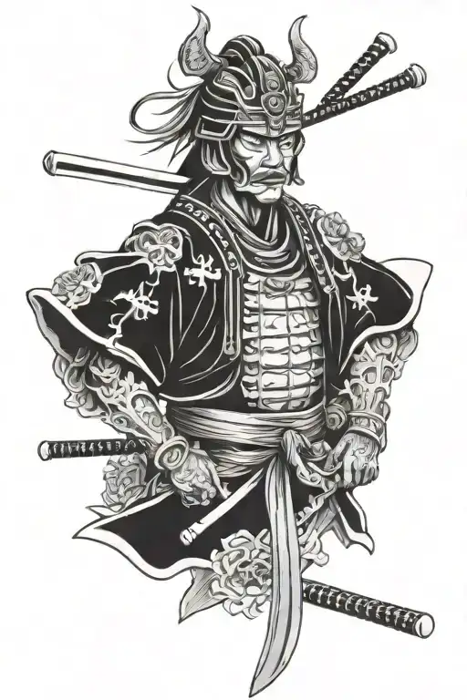 samurai in a death mask, against the background of corpses tattoo design idea