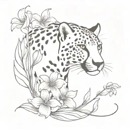 full body cheetah with tiger lily flowers tattoo design idea