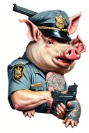 pig in a cop uniform with someone holding a gun to its head tattoo design idea