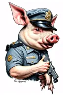 pig in a cop uniform with someone holding a gun to its head tattoo design idea