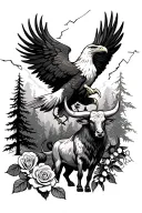 An eagle with an ox with a rose and trees and lightning  tattoo design idea