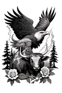 An eagle with an ox with a rose and trees and lightning  tattoo design idea