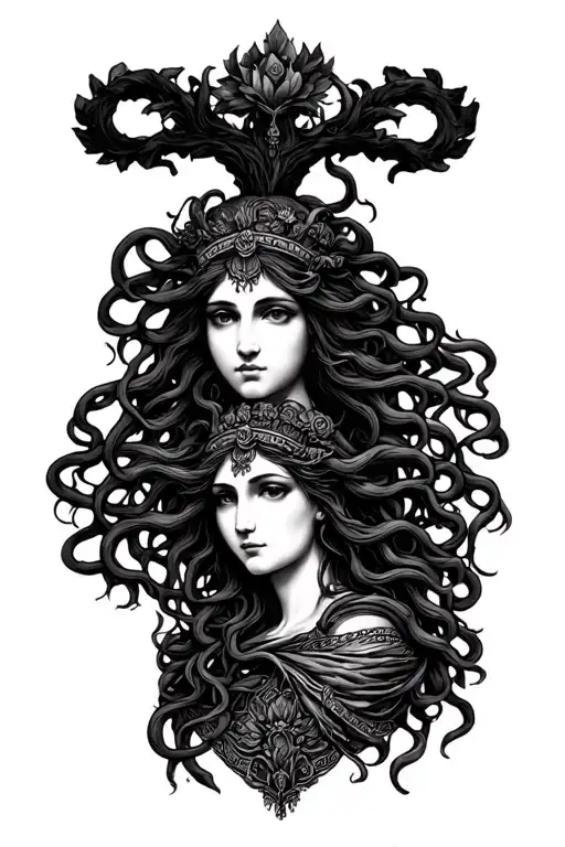 medusa, persephone, and Athena goddess tattoo design idea