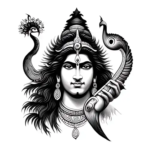 Imagine a tattoo idea for biceps depicting Shiva and Krishna involving Shiva's trishul and Krishna's flute with peacock  tattoo design idea