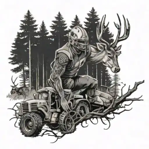 A football player tackling a deer in a forest setting with heavy equipment scattered around tattoo design idea