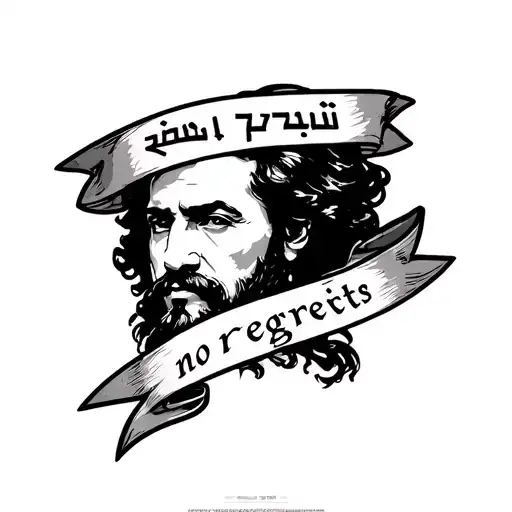 A portrait of a famous historical figure with 'no regrets' banner in Farsi and English tattoo design idea