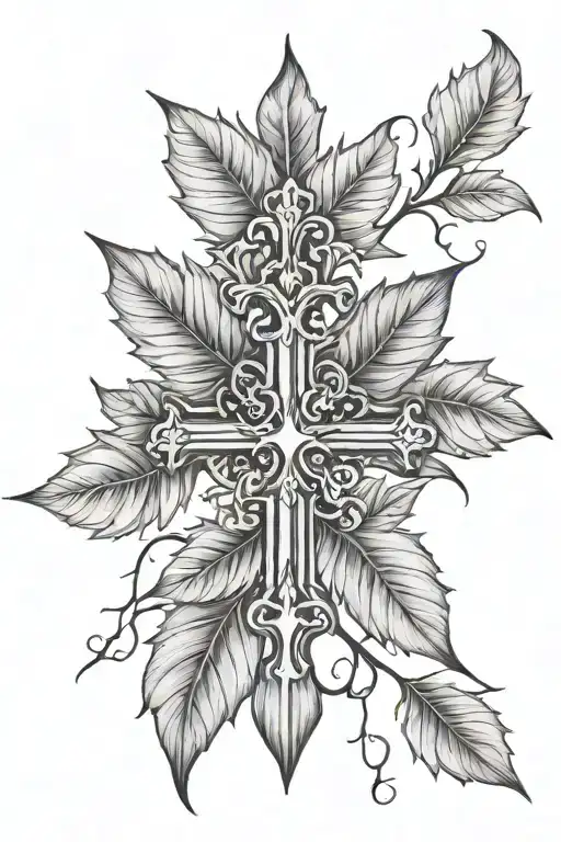 fall leaves behind a cross tattoo design idea