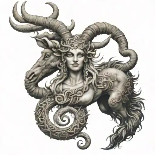 Capricorn goddess intertwined with cancer sign combined tattoo design idea