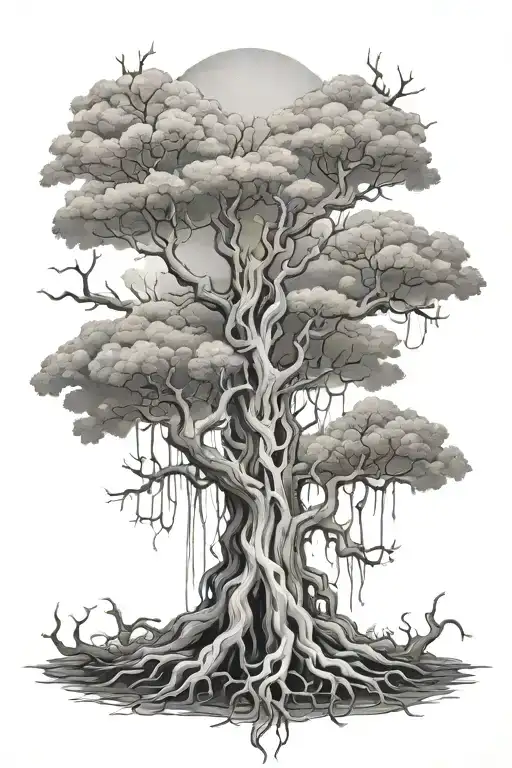 a tree with its roots in hell and top in heaven tattoo design idea