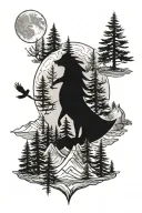 moon, arrow, evergreen tree, mountain animal tattoo design idea