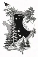 moon, arrow, evergreen tree, mountain animal tattoo design idea