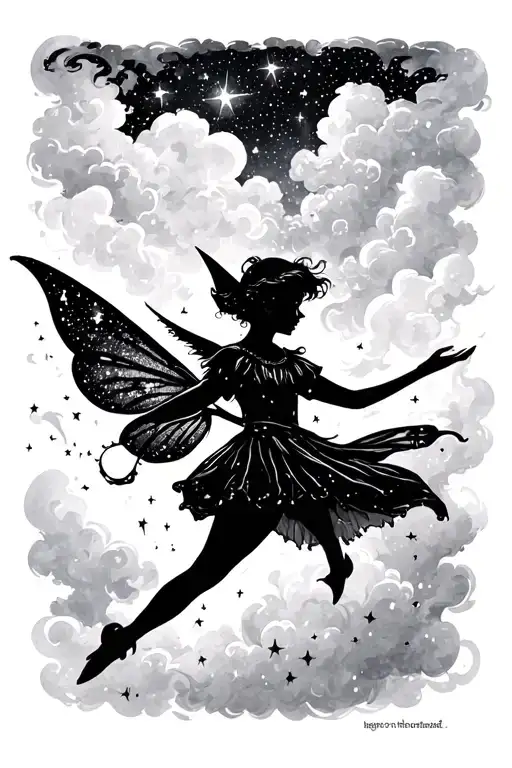 universe and the theme of Peter Pan, so London, imaginary country, starry sky, silhouettes, fairy dust, cloudy tattoo design idea