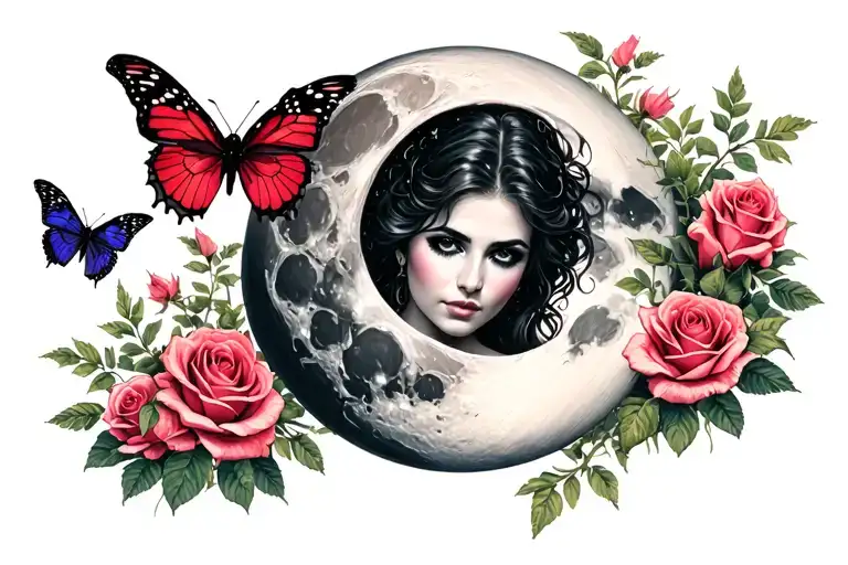 "Demon wife KC" Moon with butterflies and roses growing tattoo design idea