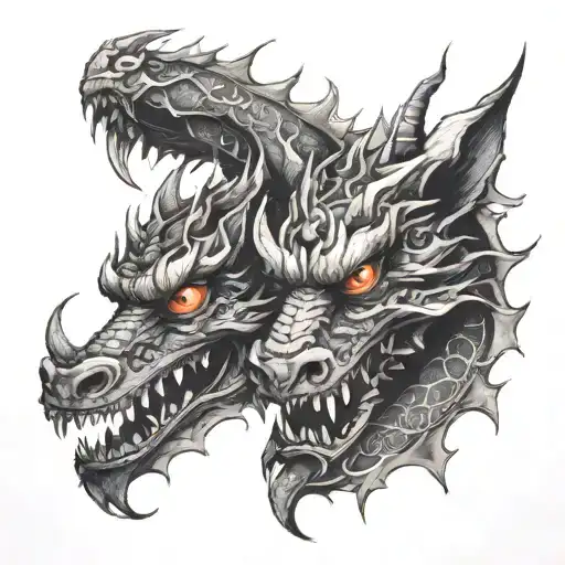   bi-cursive affectivity dragon two head bitten tattoo design idea