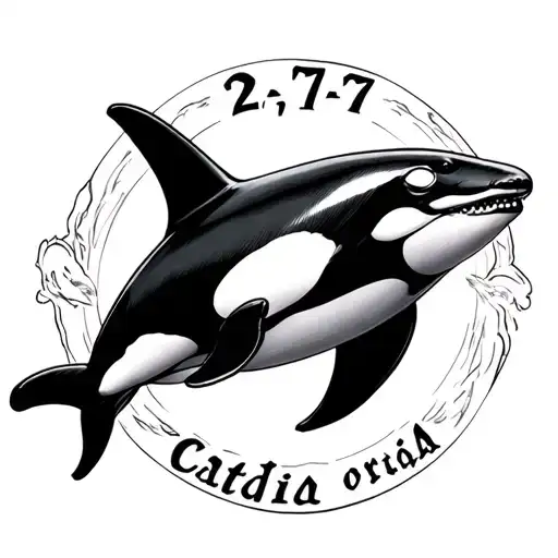 circle shaped tattoo with numbers 2, 17, 27, word Catadia and orca in the center tattoo design idea